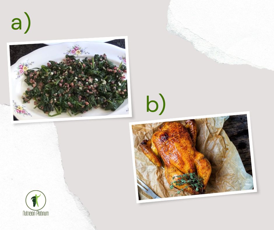 Espinacas al ajillo con jamón acompañado de  pollo asado